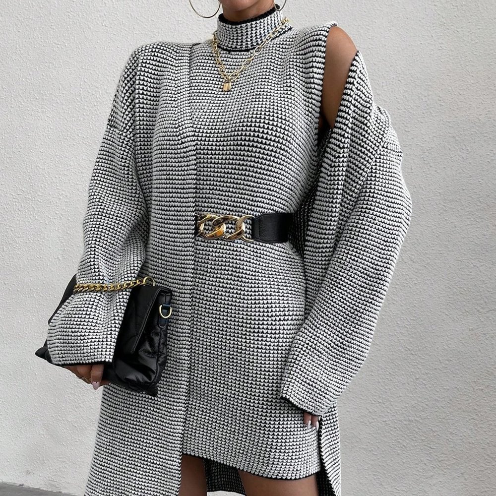 Black And White Casual Womens Turtleneck Drop Shoulder Cardigan & Sweater Dress - Picture 3 of 5